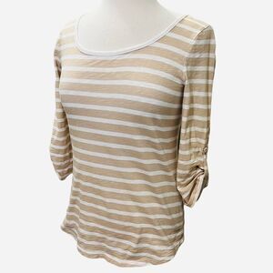 And Taylor Scoopneck Tan/White StripedThree-quarter Sleeve T-shirt size Small